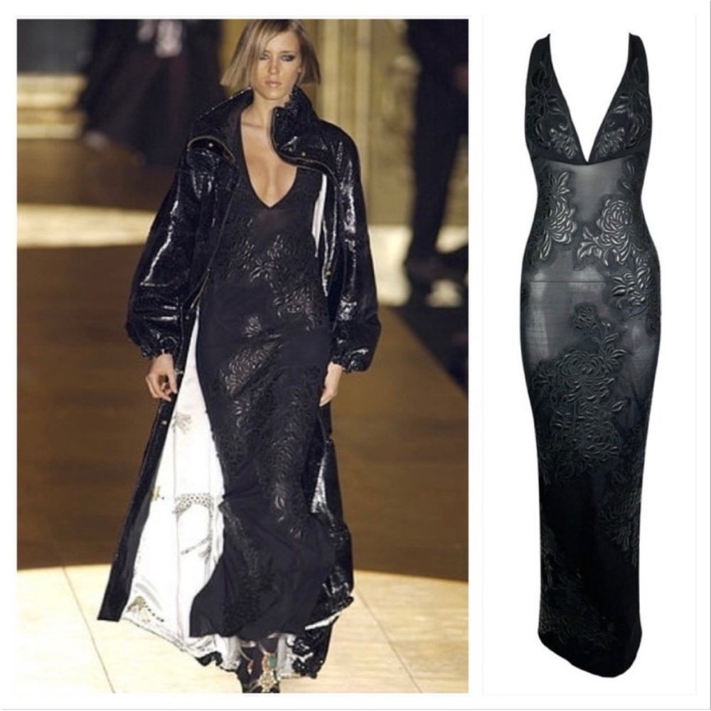 Roberto Cavalli 2002 runway leather floral maxi dress Variation